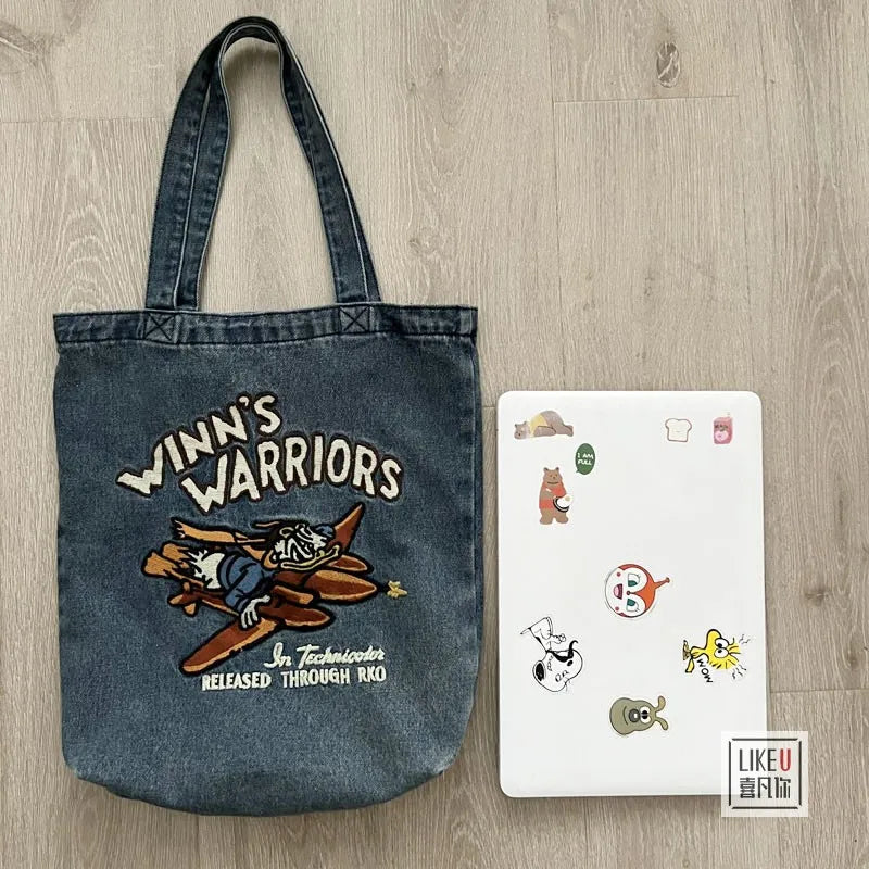 Denim Tote Book Bag Student Messenger Bag Crossbody Bag