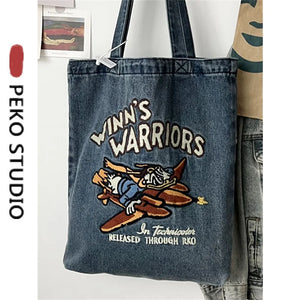 Denim Tote Book Bag Student Messenger Bag Crossbody Bag