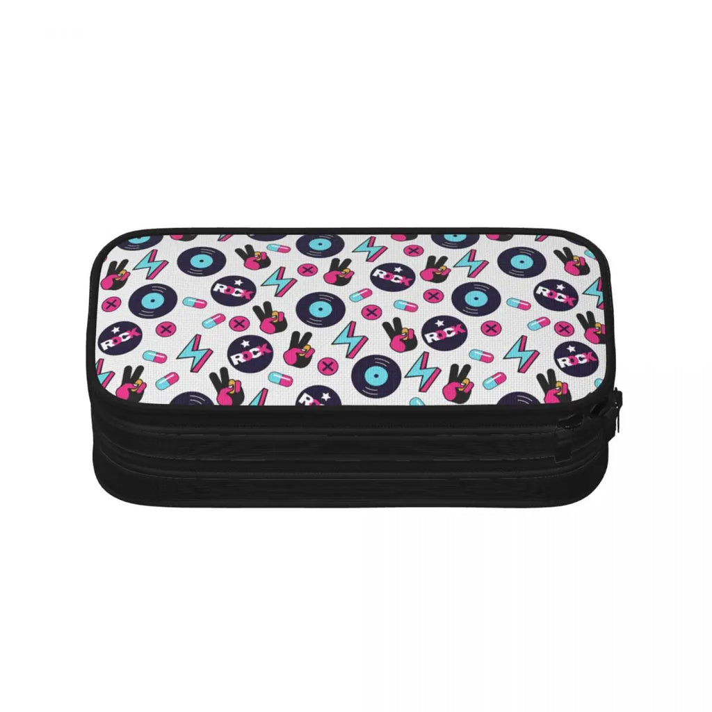 Hippie Seamless Rock Pattern Vinyl Pen Box Student School Anime Zipper Pen Bag