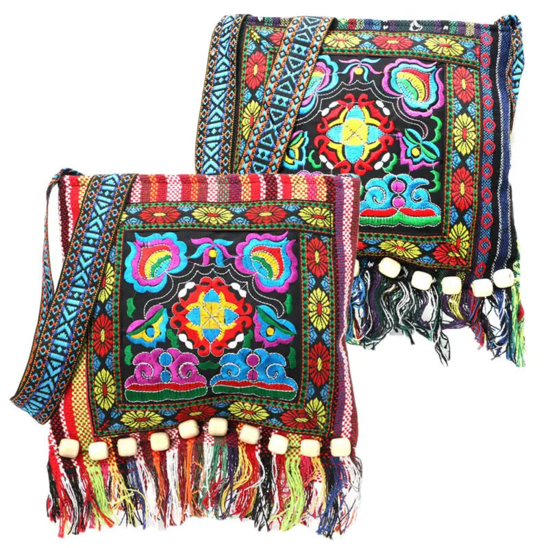 Hmong Vintage Ethnic Shoulder Bag Embroidery Boho Tassel Tote