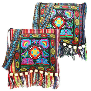 Hmong Vintage Ethnic Shoulder Bag Embroidery Boho Tassel Tote