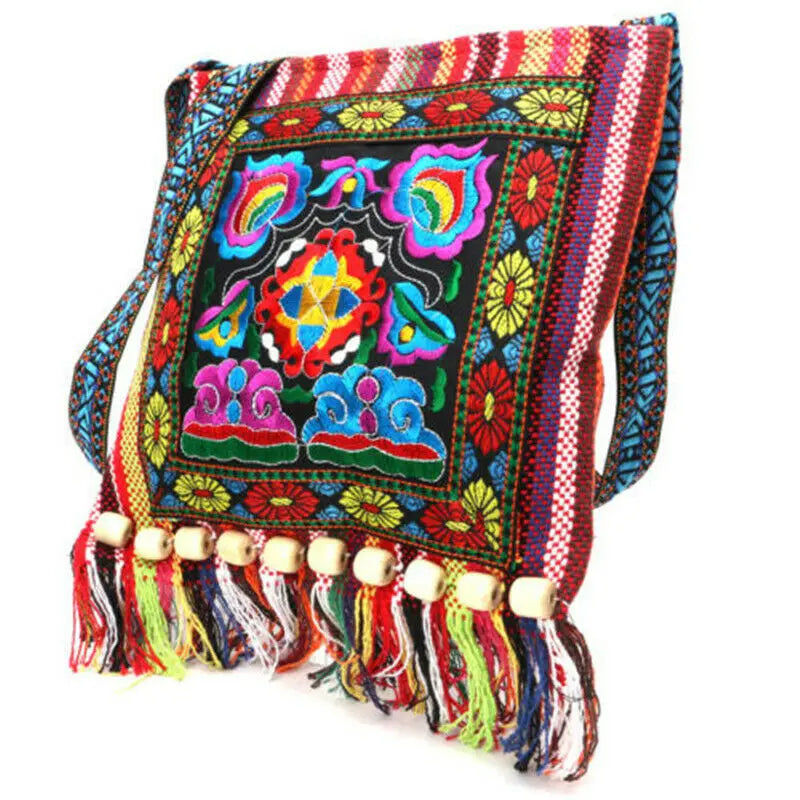Hmong Vintage Ethnic Shoulder Bag Embroidery Boho Tassel Tote
