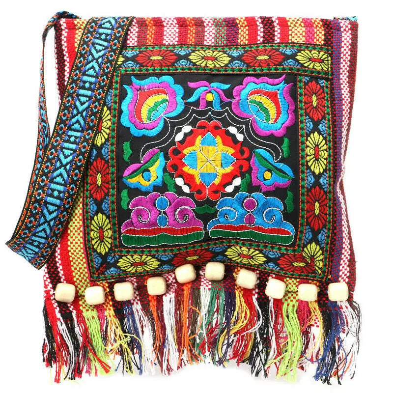 Hmong Vintage Ethnic Shoulder Bag Embroidery Boho Tassel Tote
