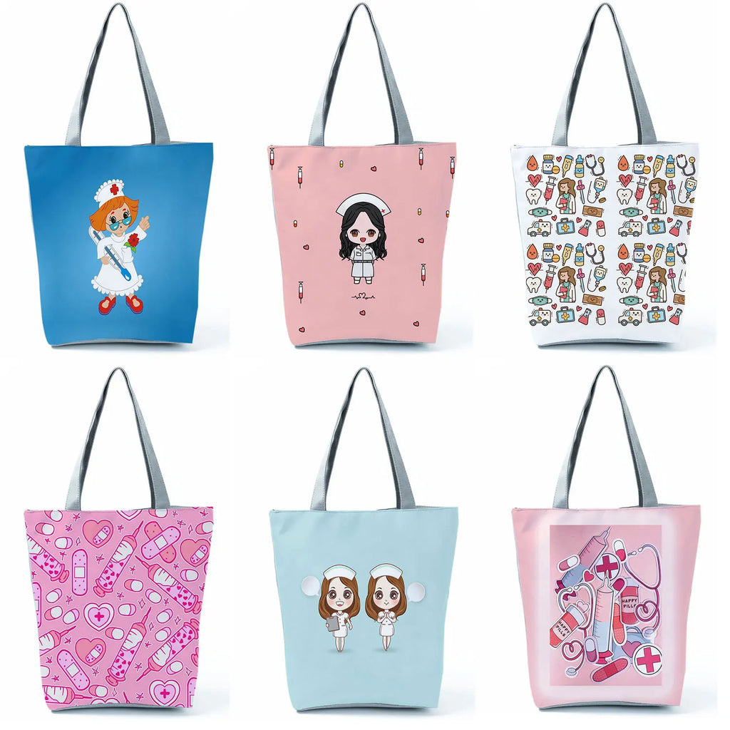 Cartoon Nurse Mask Shoulder Bag Travel Beach Tote Bag For Women