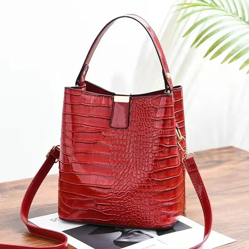 Bright Leather Crocodile Pattern Bucket Bag
