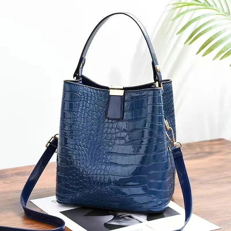 Bright Leather Crocodile Pattern Bucket Bag