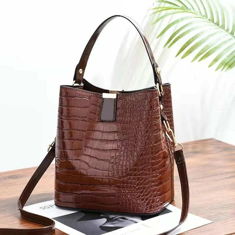 Bright Leather Crocodile Pattern Bucket Bag