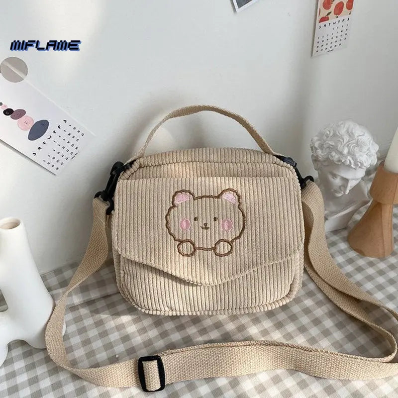 Preppy Style Canvas Zipper Bag Small Corduroy Satchel Travel Purse