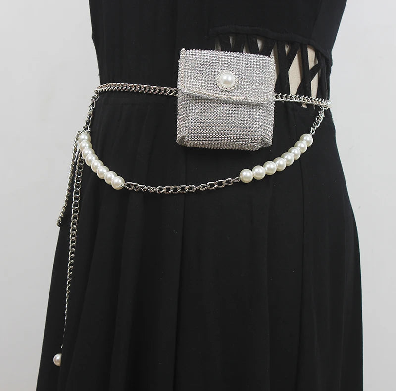 Chic Mini Rhinestone Waist Pack with Pearl Chain for Women