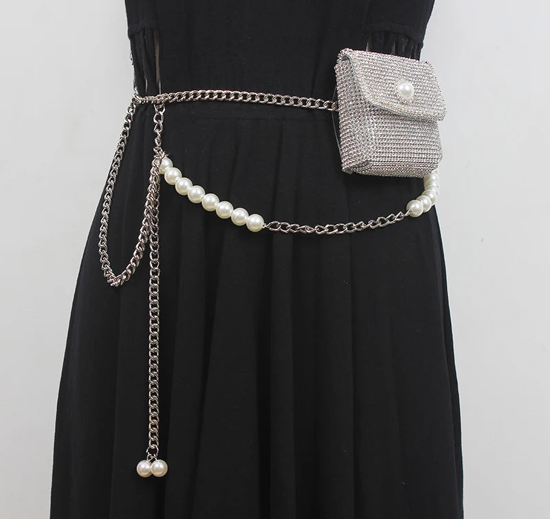 Chic Mini Rhinestone Waist Pack with Pearl Chain for Women