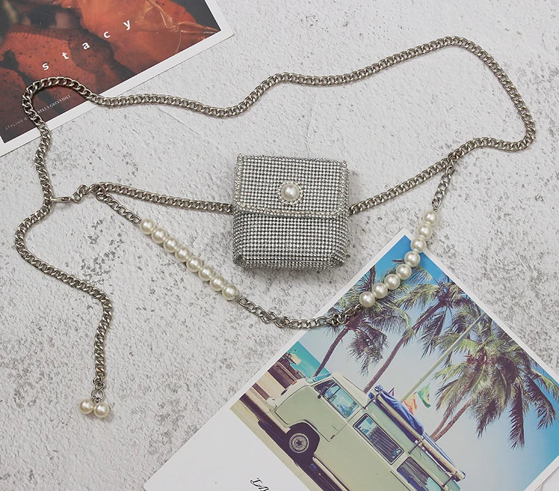 Chic Mini Rhinestone Waist Pack with Pearl Chain for Women