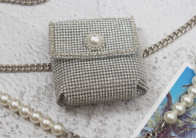 Chic Mini Rhinestone Waist Pack with Pearl Chain for Women