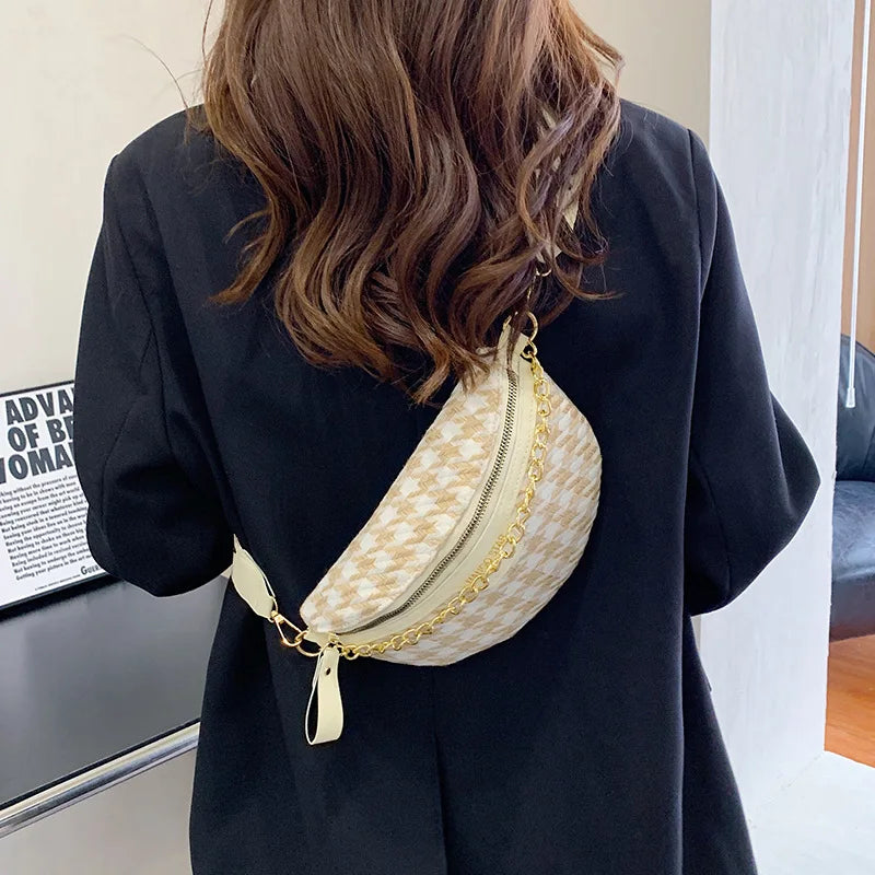 Houndstooth One Shoulder Waist Bag Chain Crossbody Handbags