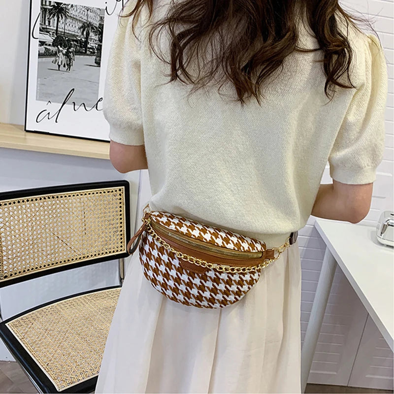 Houndstooth One Shoulder Waist Bag Chain Crossbody Handbags