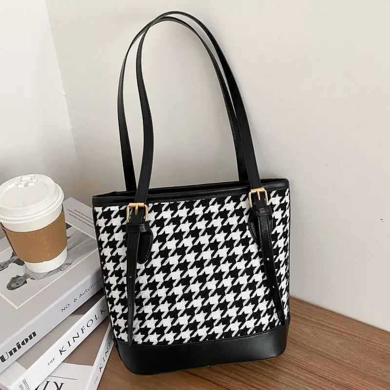 Houndstooth Shoulder Bags Women Large Capacity Underarm Bucket Handbags