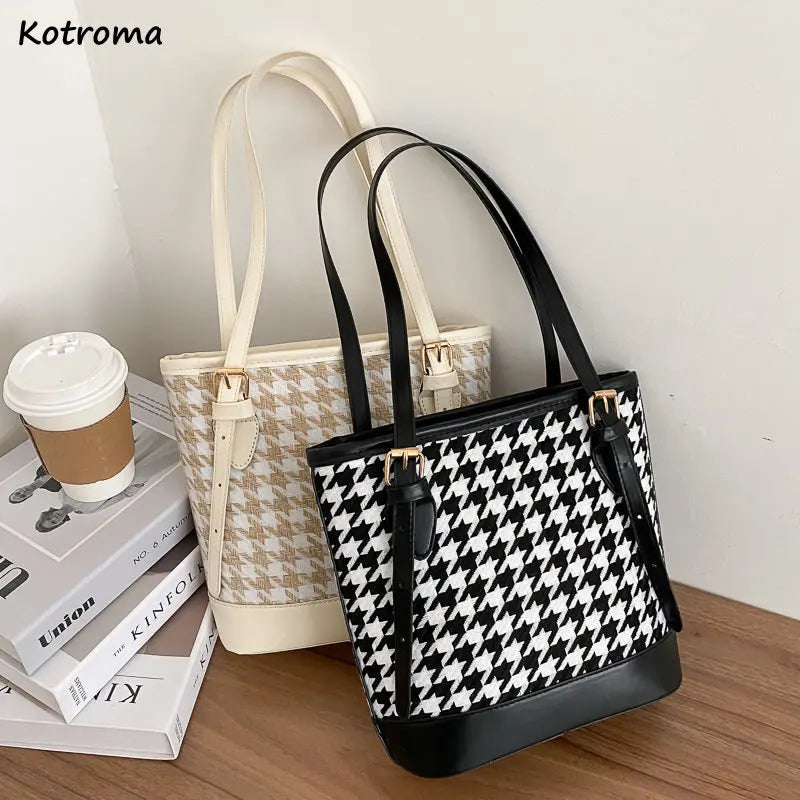 Houndstooth Shoulder Bags Women Large Capacity Underarm Bucket Handbags