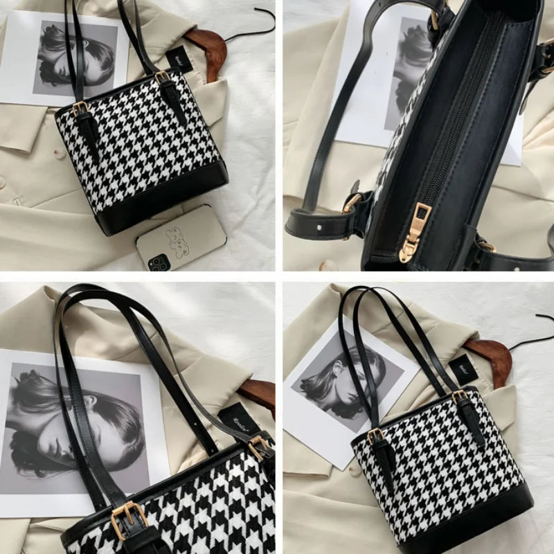 Houndstooth Shoulder Bags Women Large Capacity Underarm Bucket Handbags