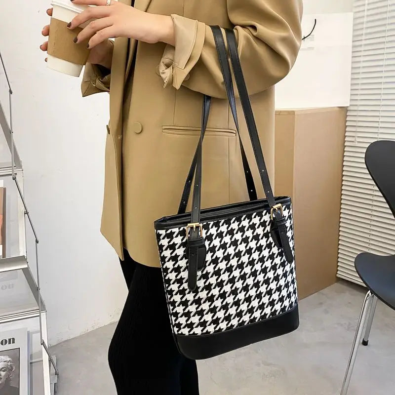 Houndstooth Shoulder Bags Women Large Capacity Underarm Bucket Handbags
