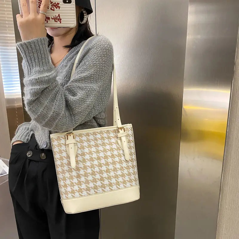 Houndstooth Shoulder Bags Women Large Capacity Underarm Bucket Handbags