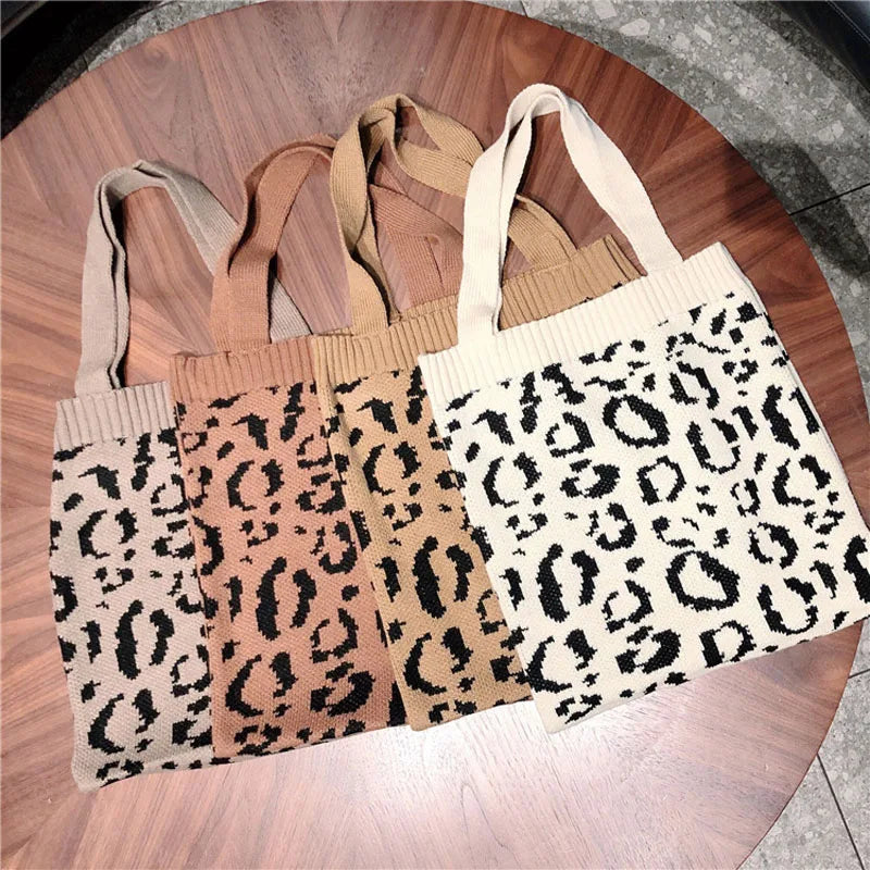 Leopard Print Knitted Shoulder Bag Foldable Tote