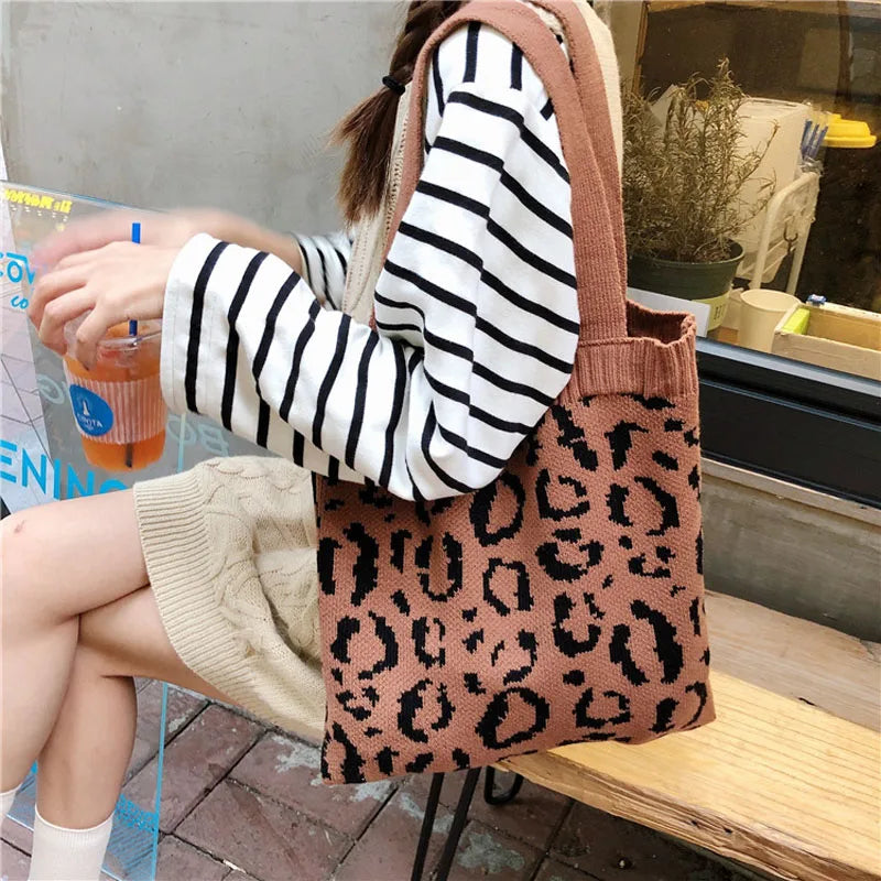 Leopard Print Knitted Shoulder Bag Foldable Tote
