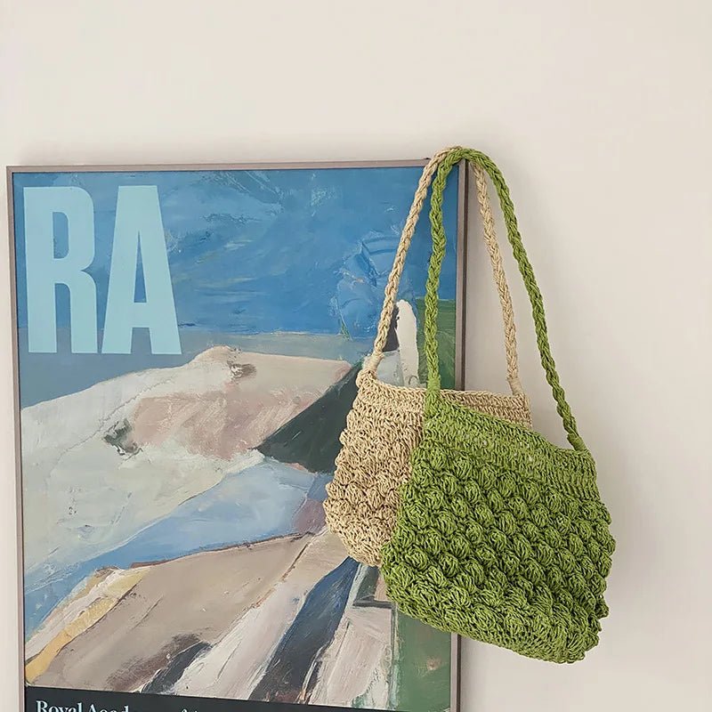 Beach Straw Shoulder Bag Bucket Tote Woven Drawstring