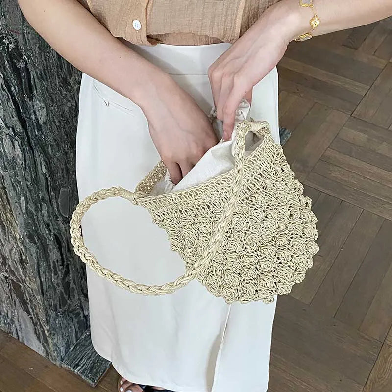 Beach Straw Shoulder Bag Bucket Tote Woven Drawstring