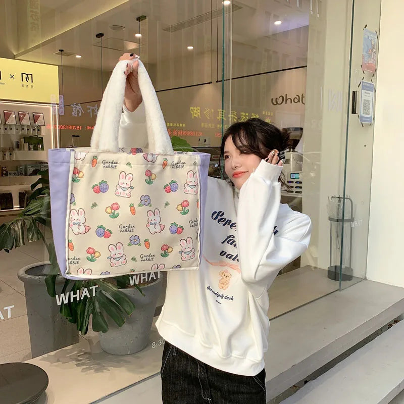 Cartoon Print Plush Hand Strap Shoulder Bag Canvas Tote Shopping Bags