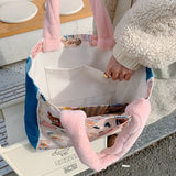 Cartoon Print Plush Hand Strap Shoulder Bag Canvas Tote Shopping Bags