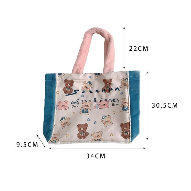 Cartoon Print Plush Hand Strap Shoulder Bag Canvas Tote Shopping Bags
