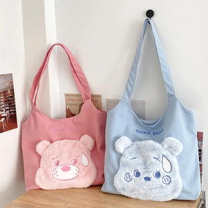 Cotton Canvas Tote Shoulder Bag Plush Bear Handbag Girl's Bookbag Shopping Bags