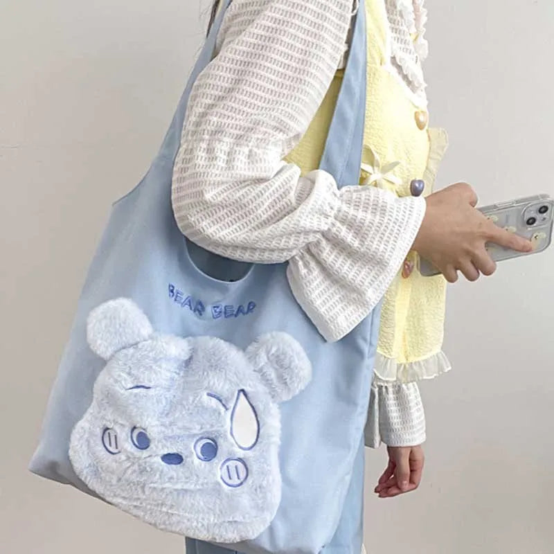 Cotton Canvas Tote Shoulder Bag Plush Bear Handbag Girl's Bookbag Shopping Bags