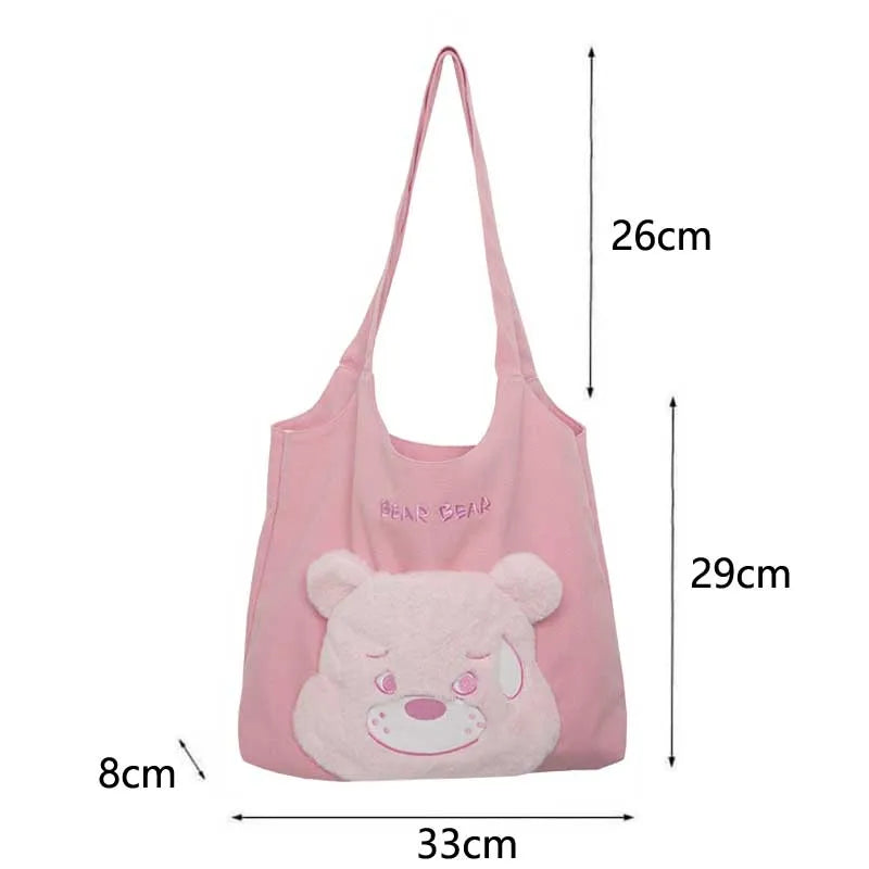 Cotton Canvas Tote Shoulder Bag Plush Bear Handbag Girl's Bookbag Shopping Bags