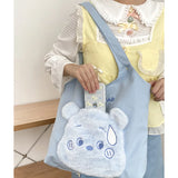 Cotton Canvas Tote Shoulder Bag Plush Bear Handbag Girl's Bookbag Shopping Bags