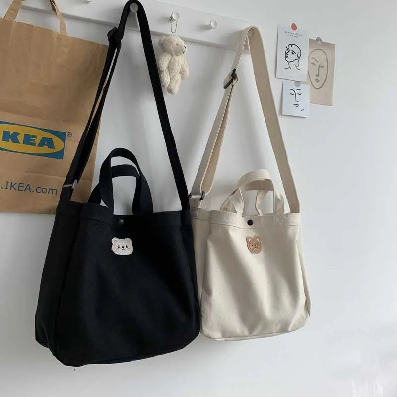 Bear Canvas Crossbody Bag Solid Shopping Handbag Adjustable Shoulder Strap