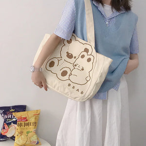 Bear Canvas Shoulder Bag Women's Handbag Cotton Cloth Shopping Bags