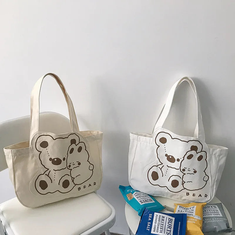 Bear Canvas Shoulder Bag Women's Handbag Cotton Cloth Shopping Bags
