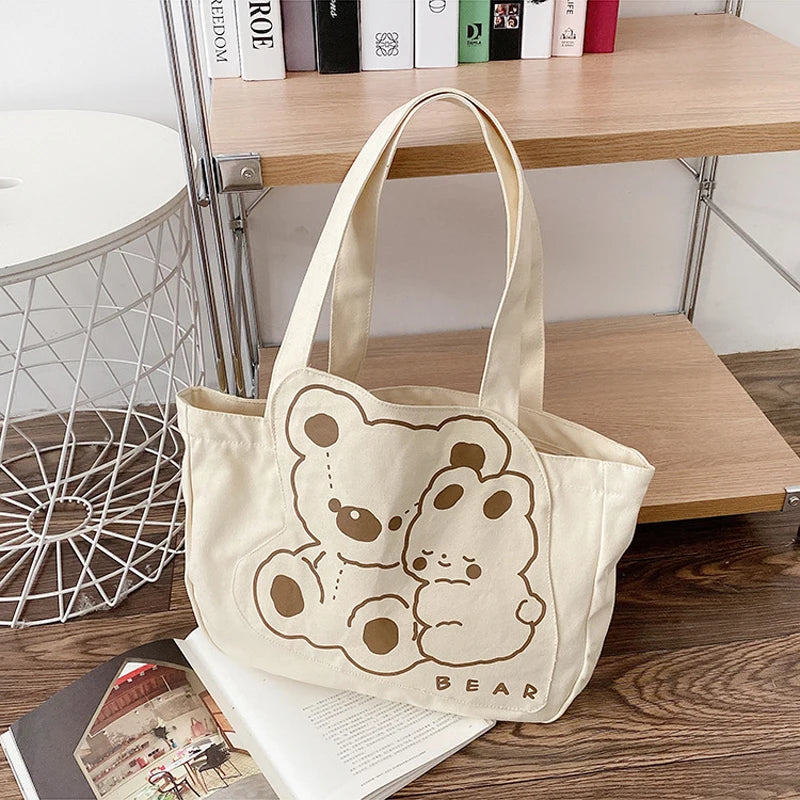 Bear Canvas Shoulder Bag Women's Handbag Cotton Cloth Shopping Bags