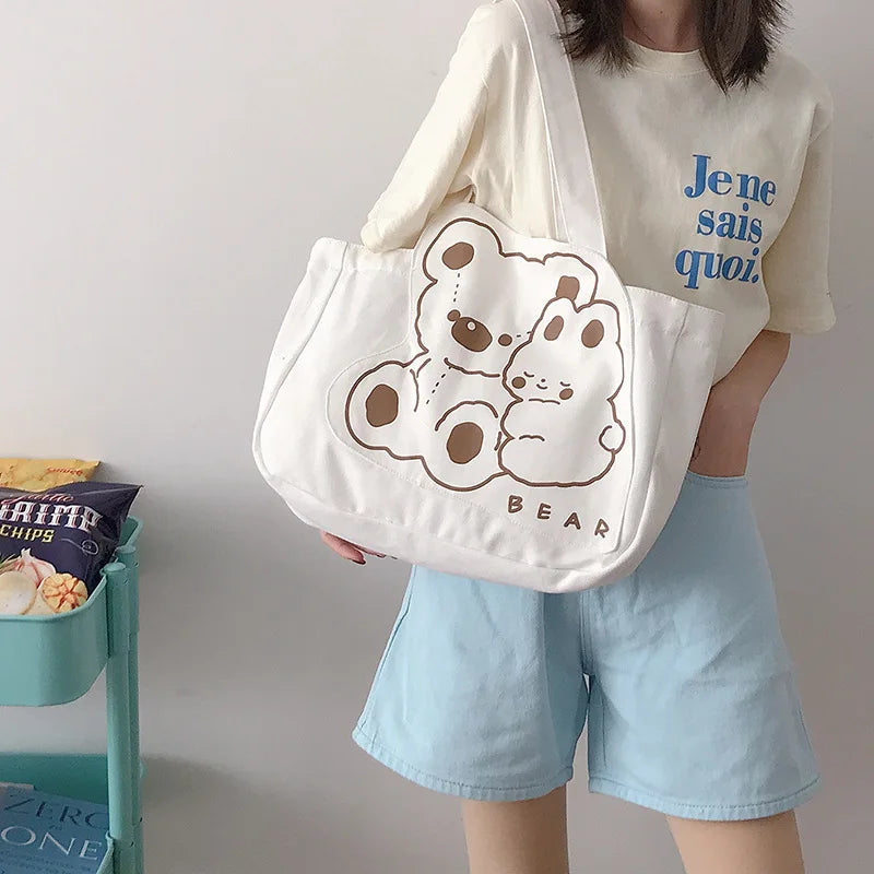 Bear Canvas Shoulder Bag Women's Handbag Cotton Cloth Shopping Bags