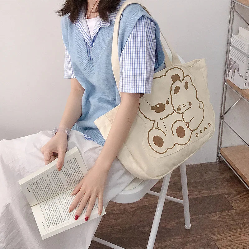 Bear Canvas Shoulder Bag Women's Handbag Cotton Cloth Shopping Bags