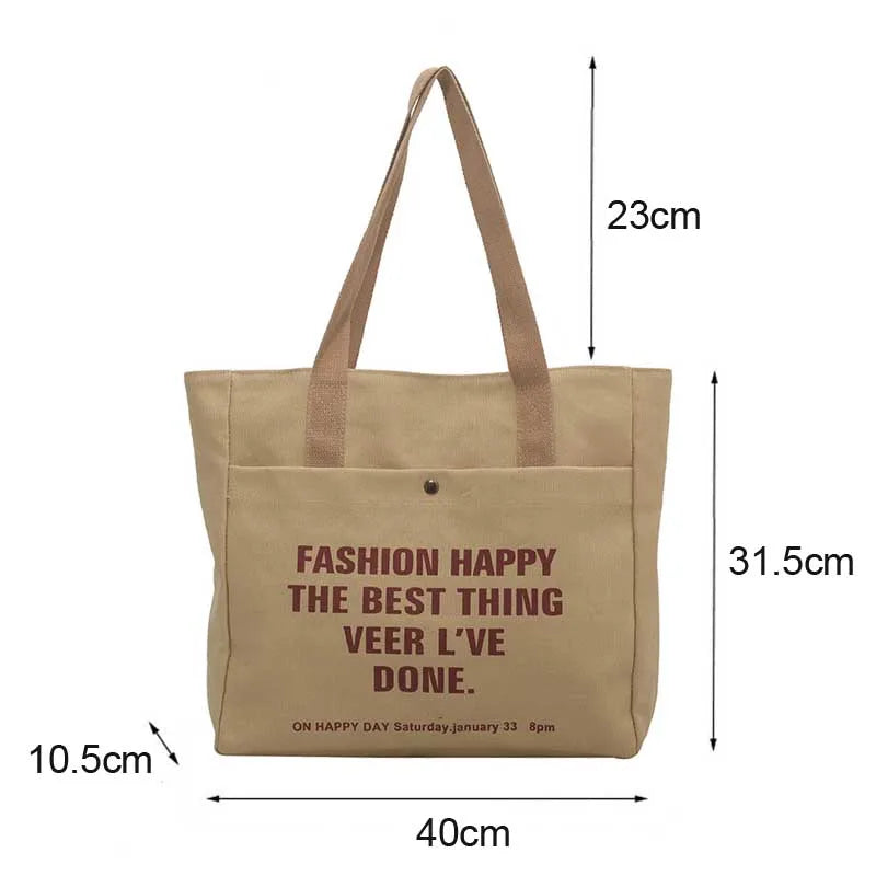 Canvas Shoulder Bag With Zipper Cotton Letter Printing Portable Tote Bags