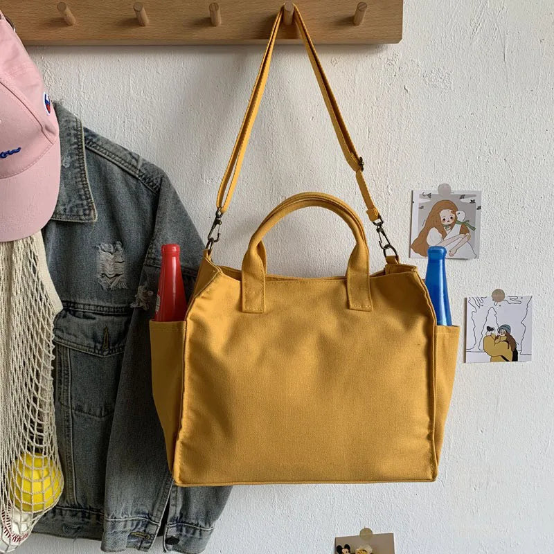 Cotton Canvas Tote Shoulder Messenger Bag with Pockets