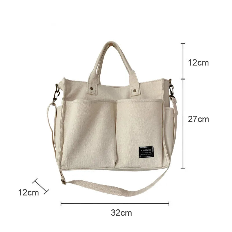 Cotton Canvas Tote Shoulder Messenger Bag with Pockets