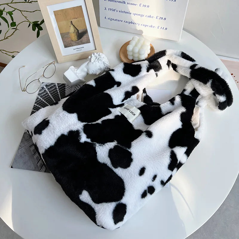 Winter Cow Print Plush Shoulder Bag for Women