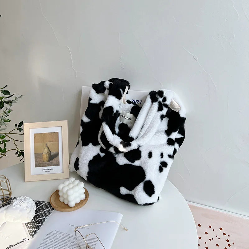 Winter Cow Print Plush Shoulder Bag for Women