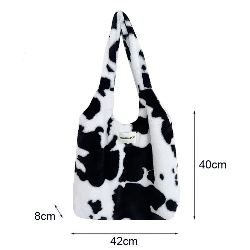Winter Cow Print Plush Shoulder Bag for Women
