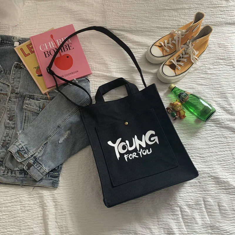 Casual Canvas Satchel Tote Bag with Outer Pocket for Women