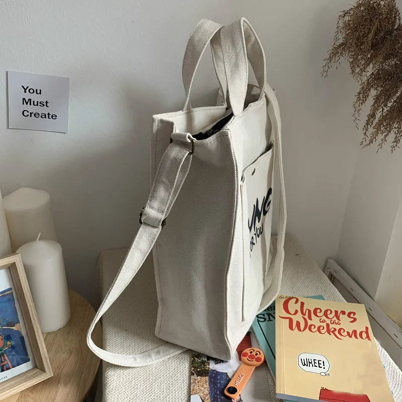 Casual Canvas Satchel Tote Bag with Outer Pocket for Women