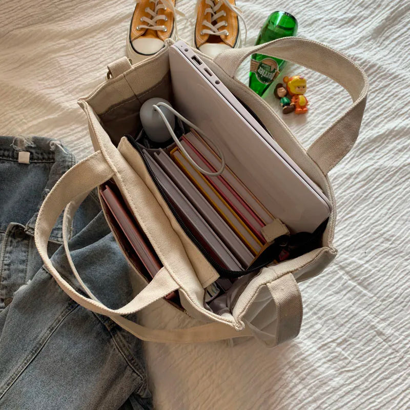 Casual Canvas Satchel Tote Bag with Outer Pocket for Women