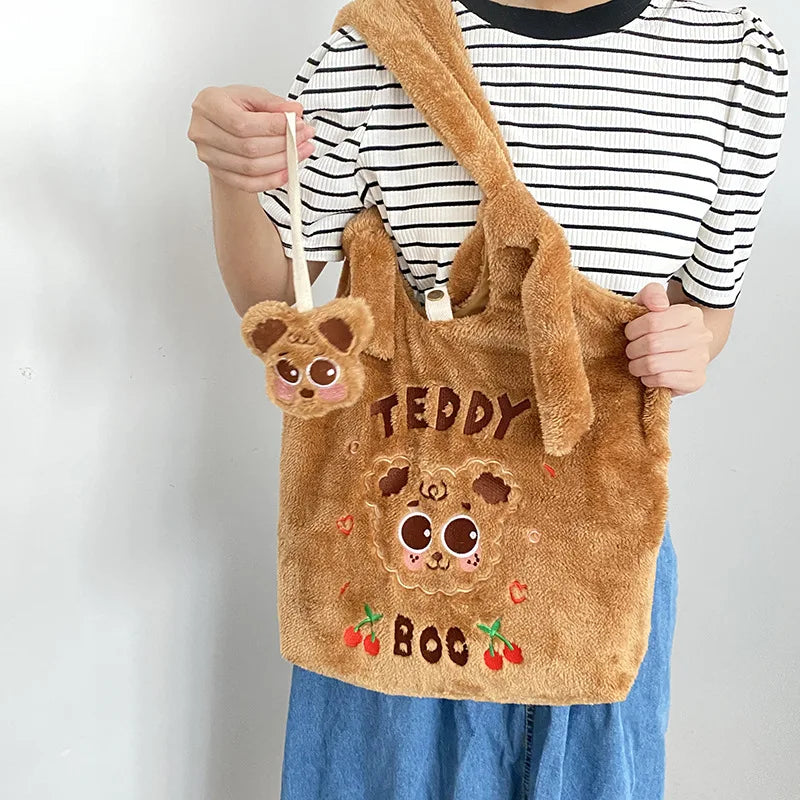 Winter Shoulder Bags Teddy Dog Plush Tote Bag Large Capacity Satchel For Girls